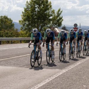 A group of cyclists in matching uniforms ride in a staggered echelon formation on a sunny road, with trees and mountains behind them.