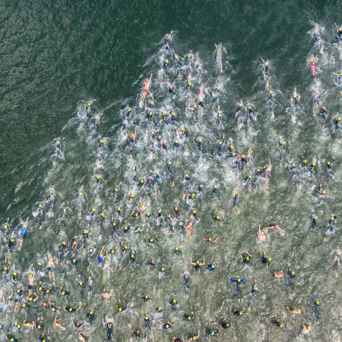 Aerial view of a large group of swimmers wearing wetsuits and swim caps, splashing and swimming close together in open water, participating in a triathlon or open water race.