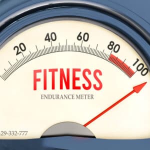 A close-up of an Enduropedia Endurance Meter shows the needle near 100, with Fitness at the center.