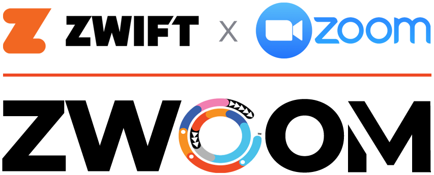 Logos for Zwift and Zoom are shown side by side above, with a stylized combined logo ZWOOM below, merging elements from both brands.