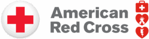 American Red Cross logo with a red cross in a white circle, gray text reading American Red Cross, and three red icons: a first aid kit, hands holding a heart, and a heart.