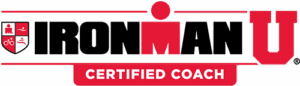Ironman U Certified Coach logo featuring the Ironman name, a red and white shield with swim, bike, and run icons.