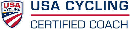 USA Cycling Certified Coach logo with a shield featuring red, white, and blue stripes and stars, and bold text stating USA Cycling Certified Coach beside it.