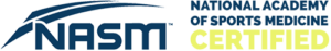 Logo for the National Academy of Sports Medicine featuring NASM with a swoosh above, and the words National Academy of Sports Medicine Certified on the right—CERTIFIED in yellow.