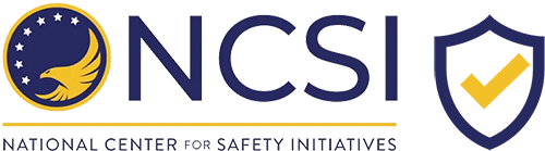 NCSI logo with a blue circle and yellow eagle, bold NCSI letters, a blue and yellow shield with a checkmark, and the text National Center for Safety Initiatives below.