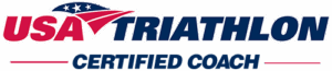 USA Triathlon Certified Coach logo featuring a stylized American flag over the words USA Triathlon in bold letters, with Certified Coach written below.