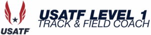 USATF logo with red wings and a black star, alongside the text USATF Level 1 Track & Field Coach in bold letters.