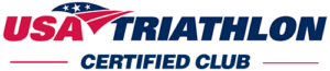 USA Triathlon Certified Club logo with a stylized American flag above the words “USA Triathlon” and a blue bar below containing the words “Certified Club” in white.
