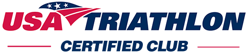 USA Triathlon Certified Club logo with a stylized American flag above the words “USA Triathlon” and a blue bar below containing the words “Certified Club” in white.