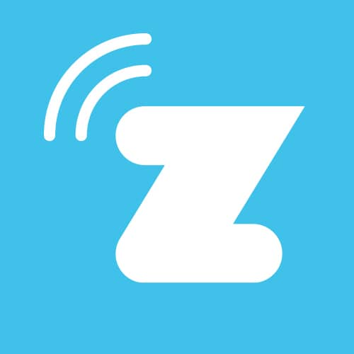 A white stylized letter Z with three curved lines above its top left corner, set against a bright blue background. The curved lines resemble sound or signal waves.