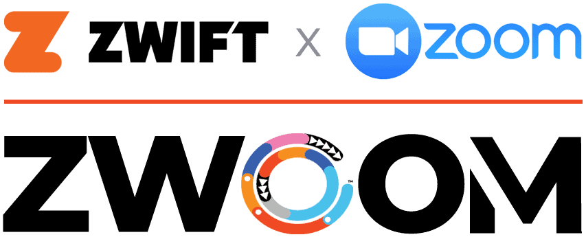Logos of Zwift and Zoom appear at the top, with their names and symbols; below is a stylized ZWOOM logo, blending elements from both brands, with the colorful Ho'Omau circular design in the second O.
