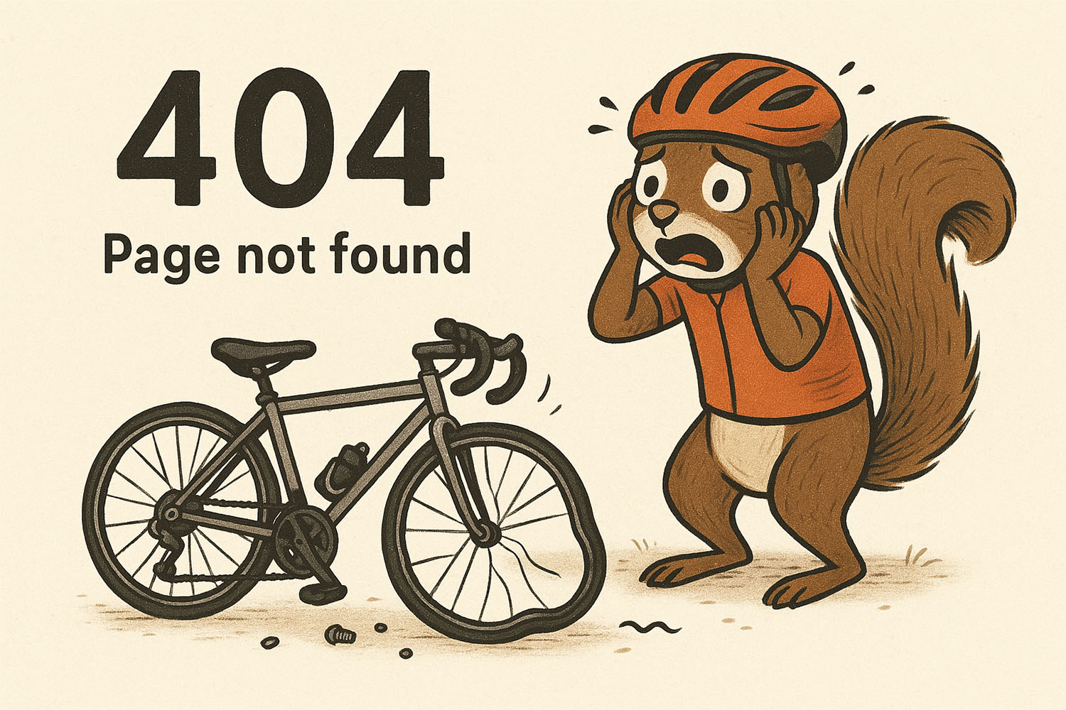 A cartoon squirrel wearing a helmet and cycling outfit looks worriedly at a broken bicycle. Large text above reads 404 error page not found.