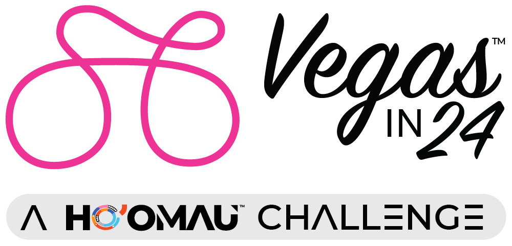 Logo with a stylized pink bike outline, the words Vegas In 24 in black script, and below, A Ho'Omau Challenge in block text —celebrating the toughest 1-day ultra-cycling event.