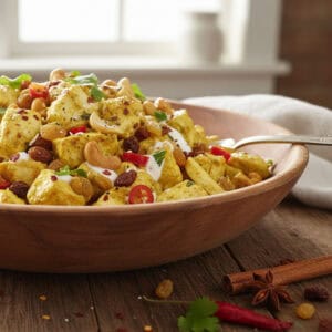 A wooden bowl filled with curry salad topped with nuts, raisins, and herbs sits on a table. A sign reads Tame the Flame Curry Salad.