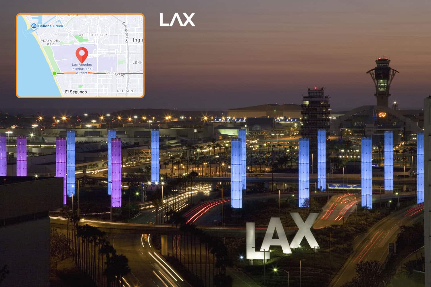 Night view of Los Angeles International Airport (LAX) with illuminated blue and purple pylons, the control tower behind, and a map inset marking LAX’s location near the official Vegas In 24 cycling route. Large white “LAX” letters stand in front.