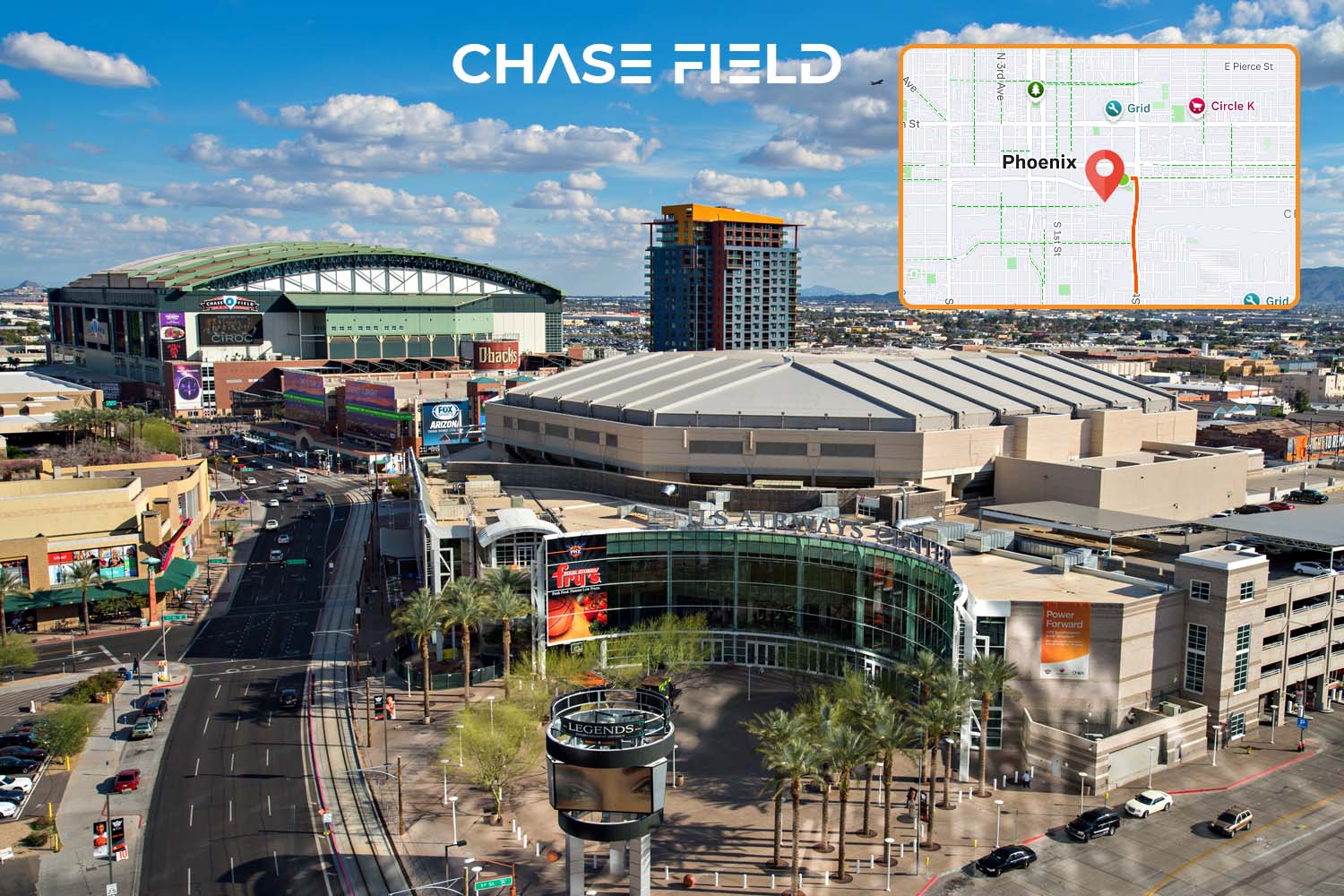Aerial view of Chase Field stadium in downtown Phoenix, Arizona, surrounded by nearby buildings, palm trees, streets, with a map inset showing the location at start line of the official Vegas In 24 cycling route in Phoenix.