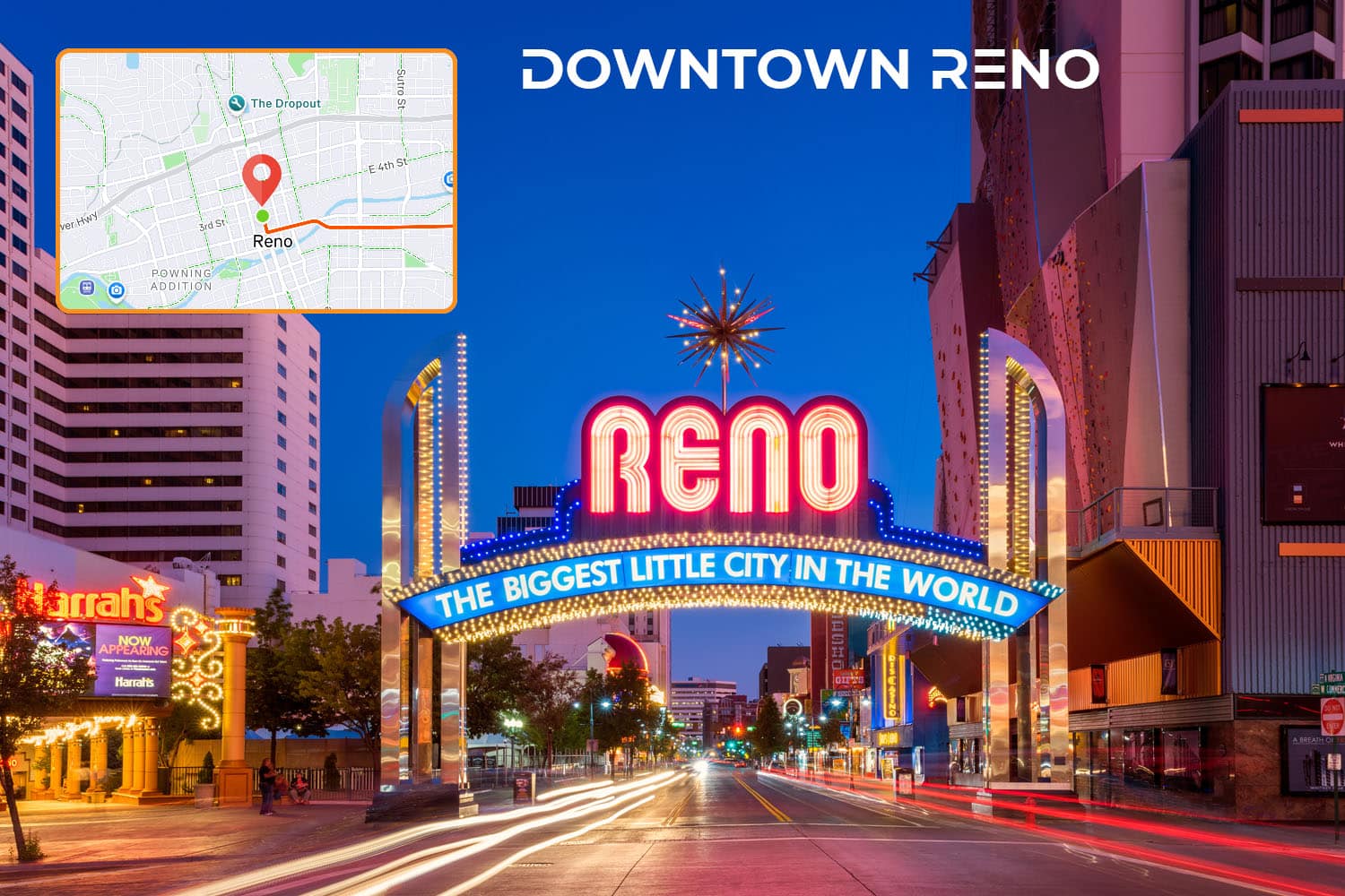 A nighttime view of the Reno Arch reading Reno: The Biggest Little City in the World, with city lights and buildings. An inset map shows Reno’s location at the official start line of the longest Vegas In 24 cycling route.