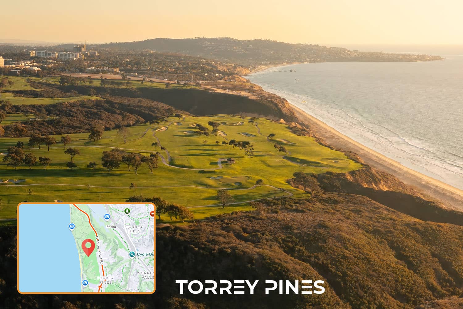 Aerial view of Torrey Pines Golf Course along the California coastline at sunset, with a small map inset showing its location near the official Vegas In 24 cycling route around Torrey Pines.