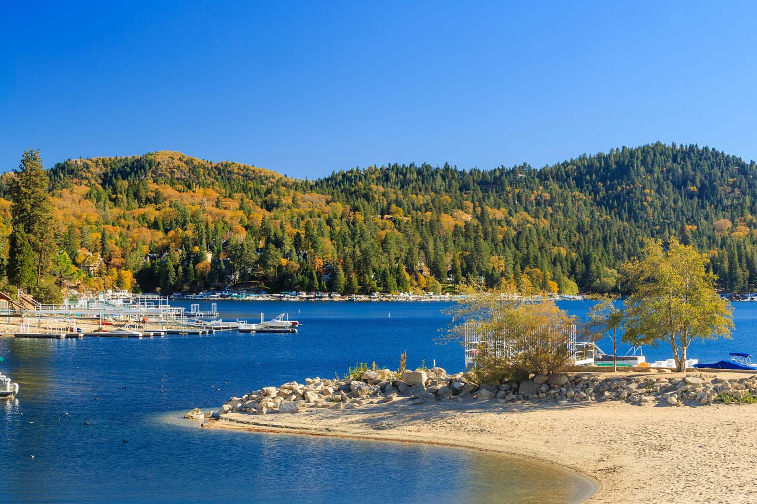 A sandy beach curves into a calm blue lake, with docks and boats near the shore. Forested hills around Lake Arrowhead, California rise in the background under a clear blue sky. An excellent location for the Ho'Omau Altitude Haus multisport training camp.