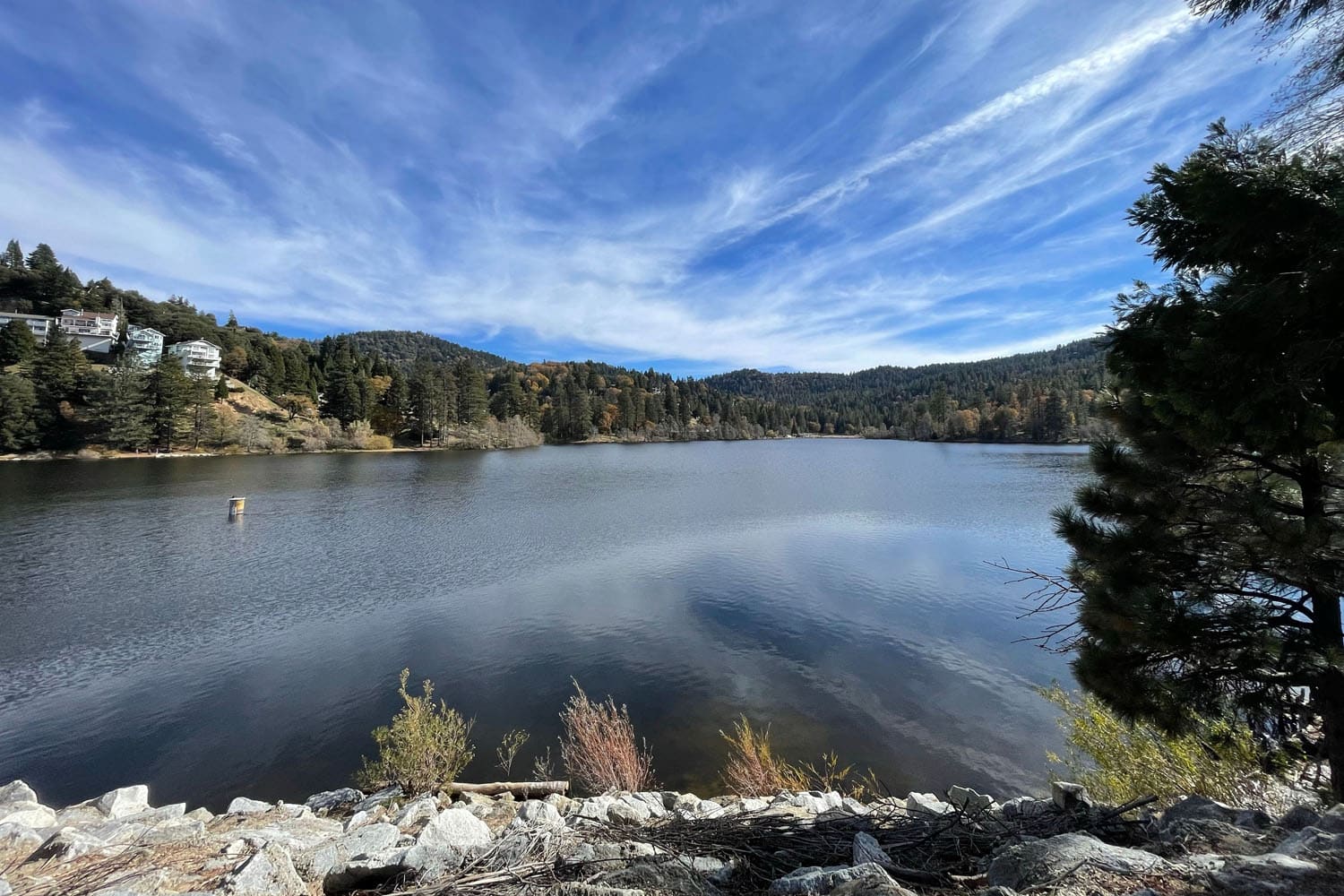 A calm lake surrounded by forested hills under a blue sky with wispy clouds. Rocks and small plants line the shore, with houses nestled among the trees—capturing the tranquil beauty of Lake Arrowhead, California. A scenic experience for the Ho'Omau Altitude Haus multisport training camp.