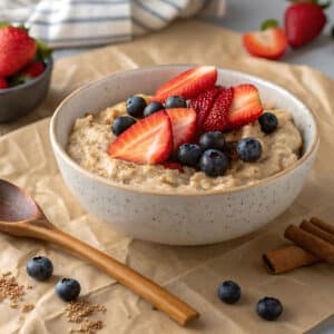A bowl of oatmeal topped with sliced strawberries and blueberries sits on parchment paper, surrounded by extra berries and cinnamon sticks.