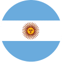 A circular flag icon of Argentina featuring three horizontal stripes: light blue on the top and bottom, white in the center, and a golden sun emblem in the middle.