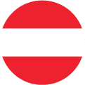 A circular icon featuring the Austrian flag, displaying three horizontal bands—red on the top and bottom, white in the middle.