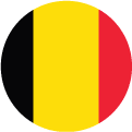 A circular flag with three vertical stripes—black on the left, yellow in the center, and red on the right—depicts the national flag of Belgium.