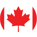 A circular version of the Canadian flag features a red maple leaf in the center, flanked by two vertical red bars on either side, set against a white background.