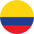 A circular flag icon of Colombia featuring three horizontal stripes: yellow at the top, blue in the middle, and red at the bottom.