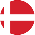 A circular flag icon of the Danish flag featuring a red background with a white Scandinavian cross extending to the edges.