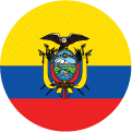 A circular image of the Ecuadorian flag, featuring horizontal yellow, blue, and red stripes with the national coat of arms in the center.