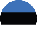 A circular flag image of Estonia, featuring three horizontal stripes: blue on top, black in the middle, and white on the bottom.
