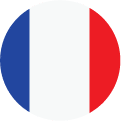 A circular flag icon featuring the French flag with three vertical stripes: blue on the left, white in the center, and red on the right.