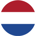 A circular flag icon of the Netherlands with three horizontal stripes: red on top, white in the middle, and blue on the bottom.