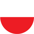 A circular icon with two horizontal halves: the top half is white, and the bottom half is red, resembling the Polish flag.