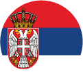 A circular Serbian flag features horizontal red, blue, and white stripes with the country's coat of arms—a white double-headed eagle beneath a crown—on the left side.
