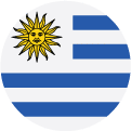 Stylized Uruguay flag design with blue and white stripes and a yellow sun with a face in the top left corner. This unique flag features geometric, rounded edges instead of the traditional rectangular shape.