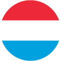 A circular flag filled with three horizontal stripes: red on top, white in the middle, and light blue on the bottom, representing the national flag of Luxembourg.