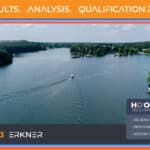 A boat glides across a wide river in Erkner, Germany, framed by dense green forest and a blue sky. A banner promotes Ironman 70.3 Erkner, highlighting Qualislot age group qualification odds, race results and analysis as a social media sharing image for athletes and fans alike.