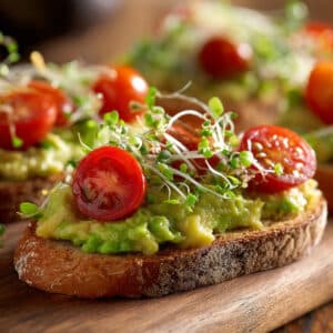 Sliced toasted bread topped with mashed avocado, cherry tomato halves, and fresh sprouts sits on a plate.