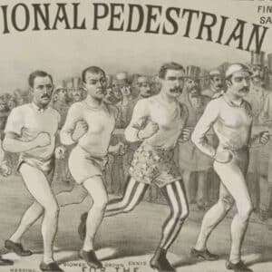 An old illustration of several men in athletic attire running a race, with spectators behind them and partially visible words of the International Pedestrian Race, resembling the significance of the number six in Victorian-age racing that spanned over 6 days.