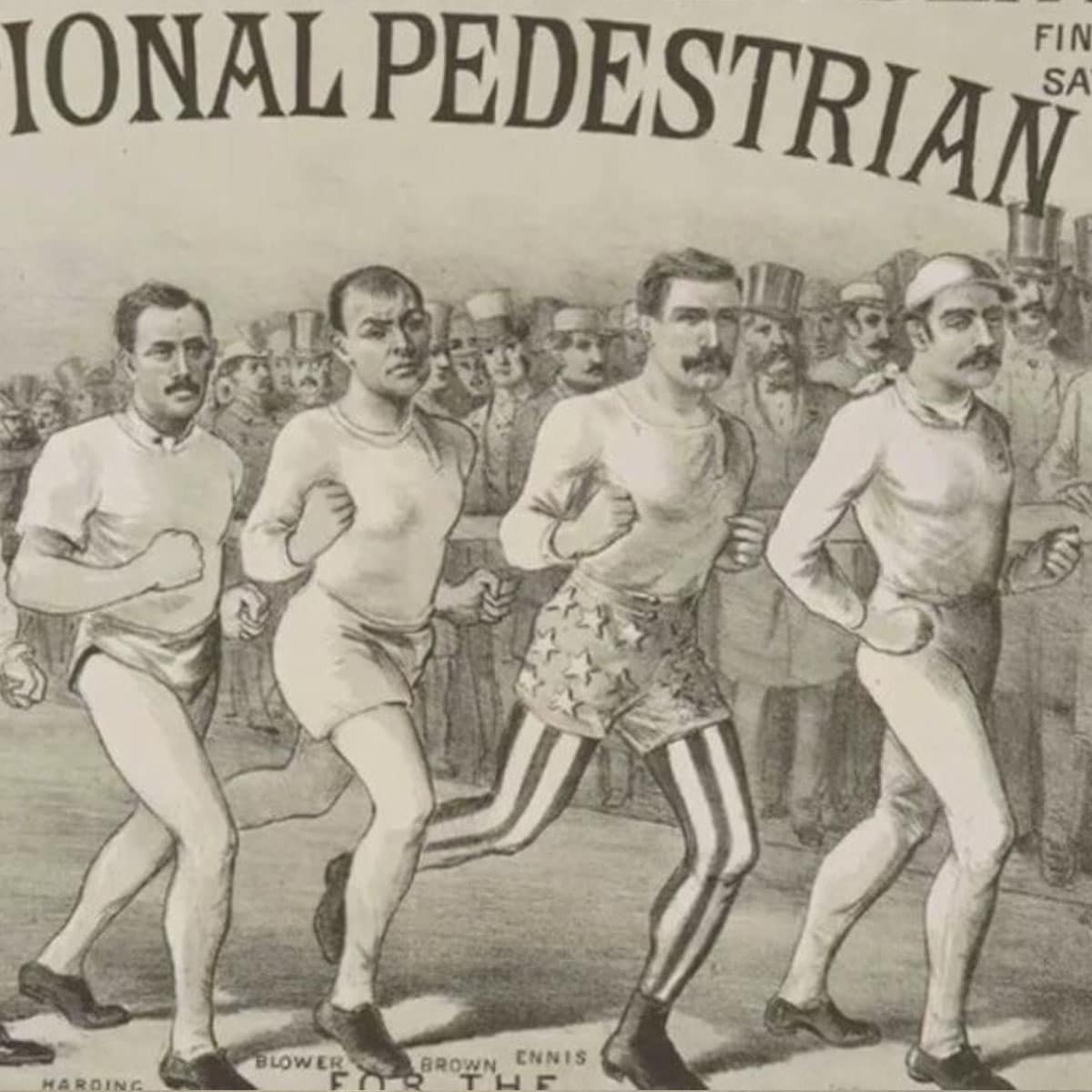 An old illustration of several men in athletic attire running a race, with spectators behind them and partially visible words of the International Pedestrian Race, resembling the significance of the number six in Victorian-age racing that spanned over 6 days.