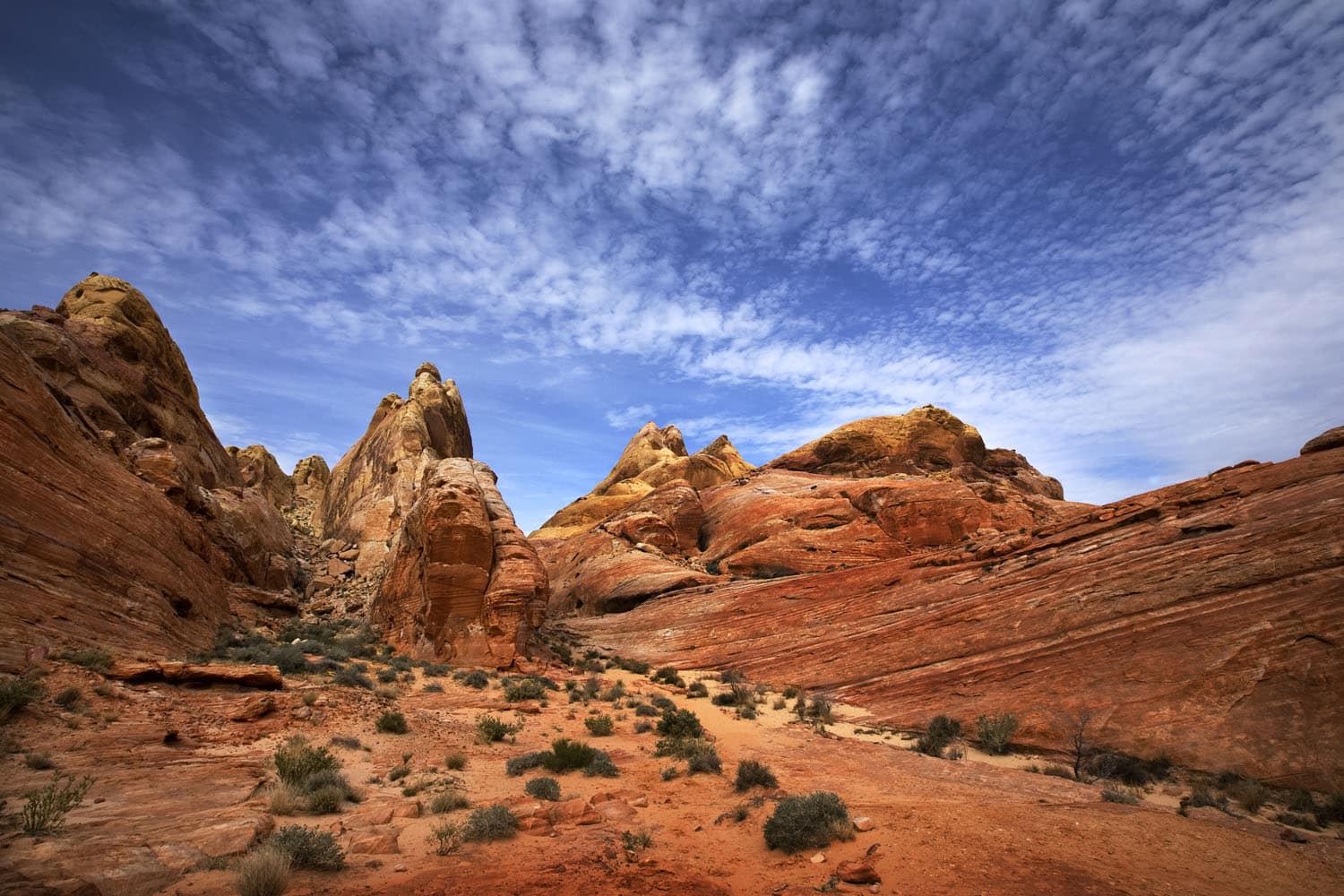 Red and orange sandstone rock formations rise under a partly cloudy blue sky in the Valley of Fire, a desert landscape dotted with scattered shrubs.