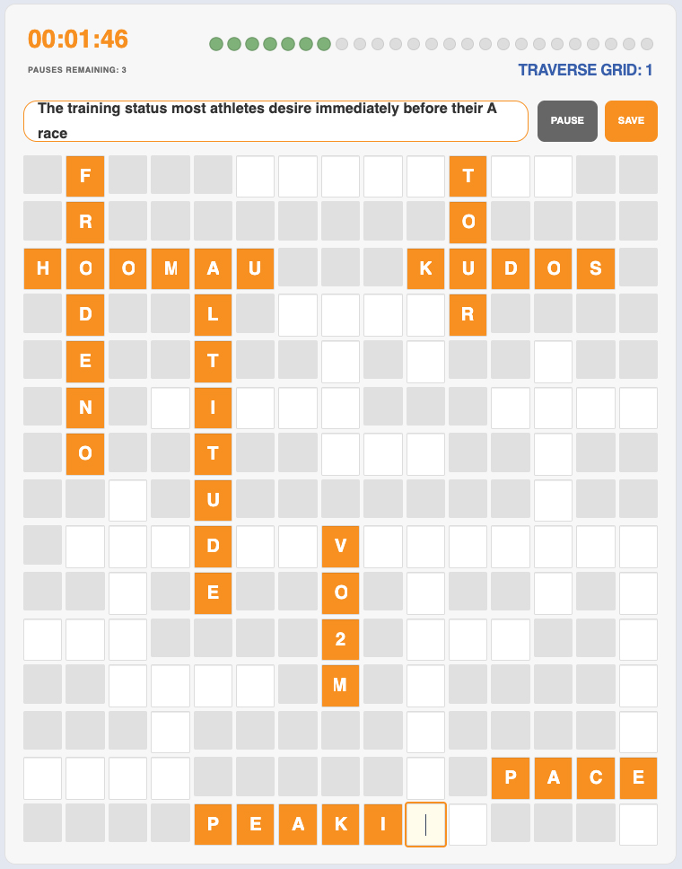 A crossword puzzle with orange and white squares. This endurance sports crossword challenge features clues and answers about swimming, running, cycling, triathlon and winter sports. A timer and progress dots are shown at the top.